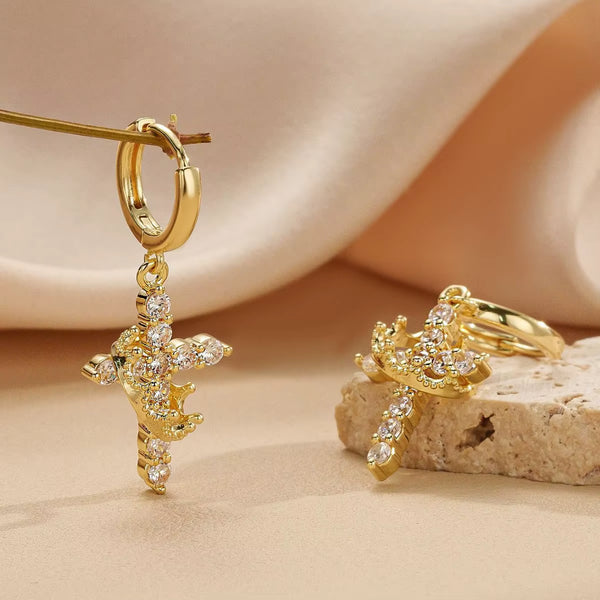 Boucle d'oreille Croix et Couronne Protecteur